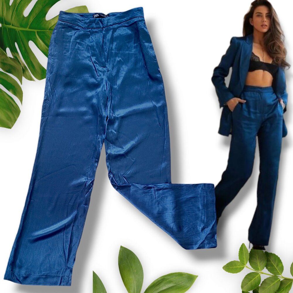 BNWT Zara Satin Blue Trousers, Sz S+L